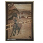Marqueterie représentant un cheval au galop, derrière des montagnes et un village